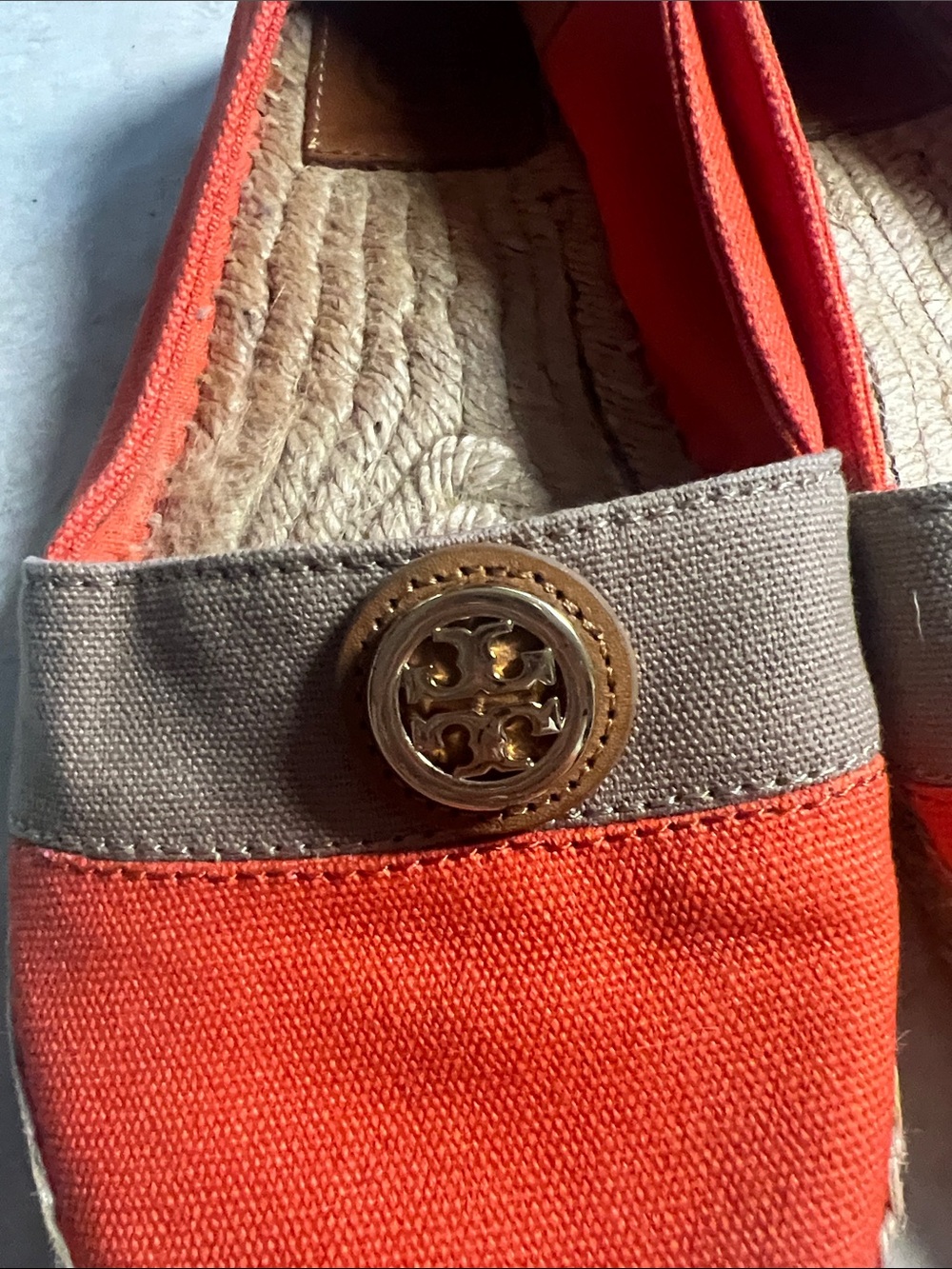 Tory Burch Orange Canvas Espadrilles with Tan Trim & Logo Medallion - Picture 2 of 7